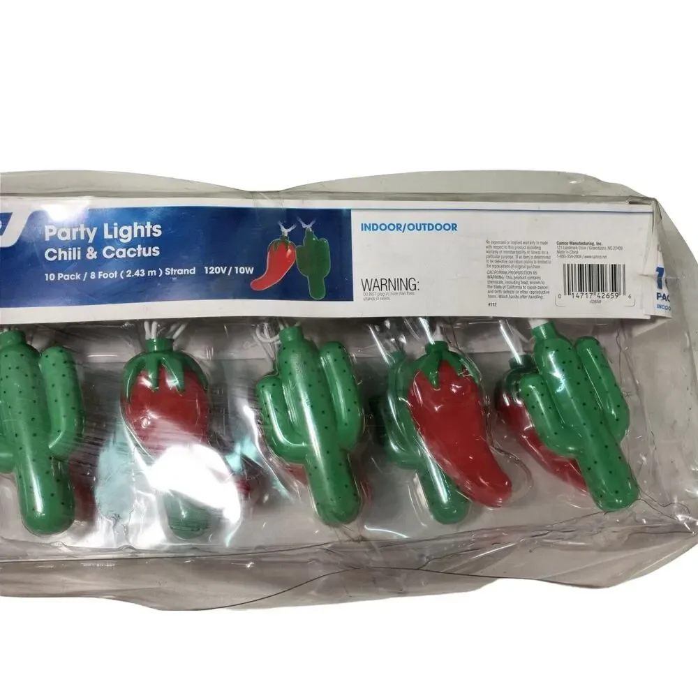 Camco 42659 8' Chili & Cactus 10‎ Party Lights Patio Decor Red Green